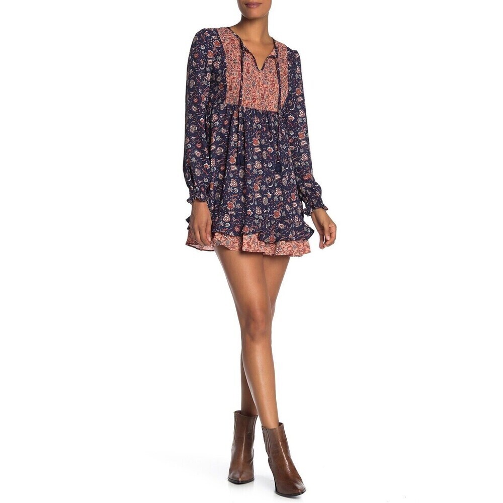 Kenedik Smocked Dress In Navy Rust Paisley Print Size M $118